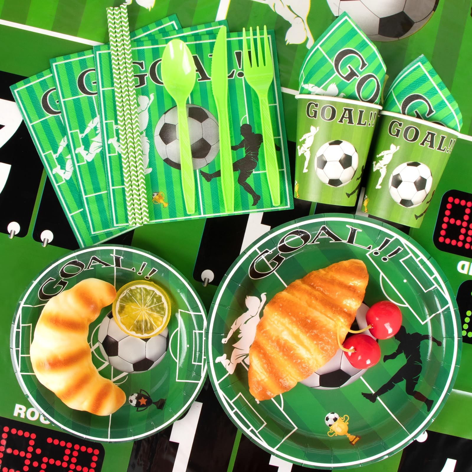 HJINGY 280 PCS Soccer Party Decorations, Soccer Themed Birthday Party Supplies Includes Soccer Balloons, Curtains, Happy Birthday Banner, Tablecloth, Plates, Napkins, Cake Toppers for Boys Sport Party