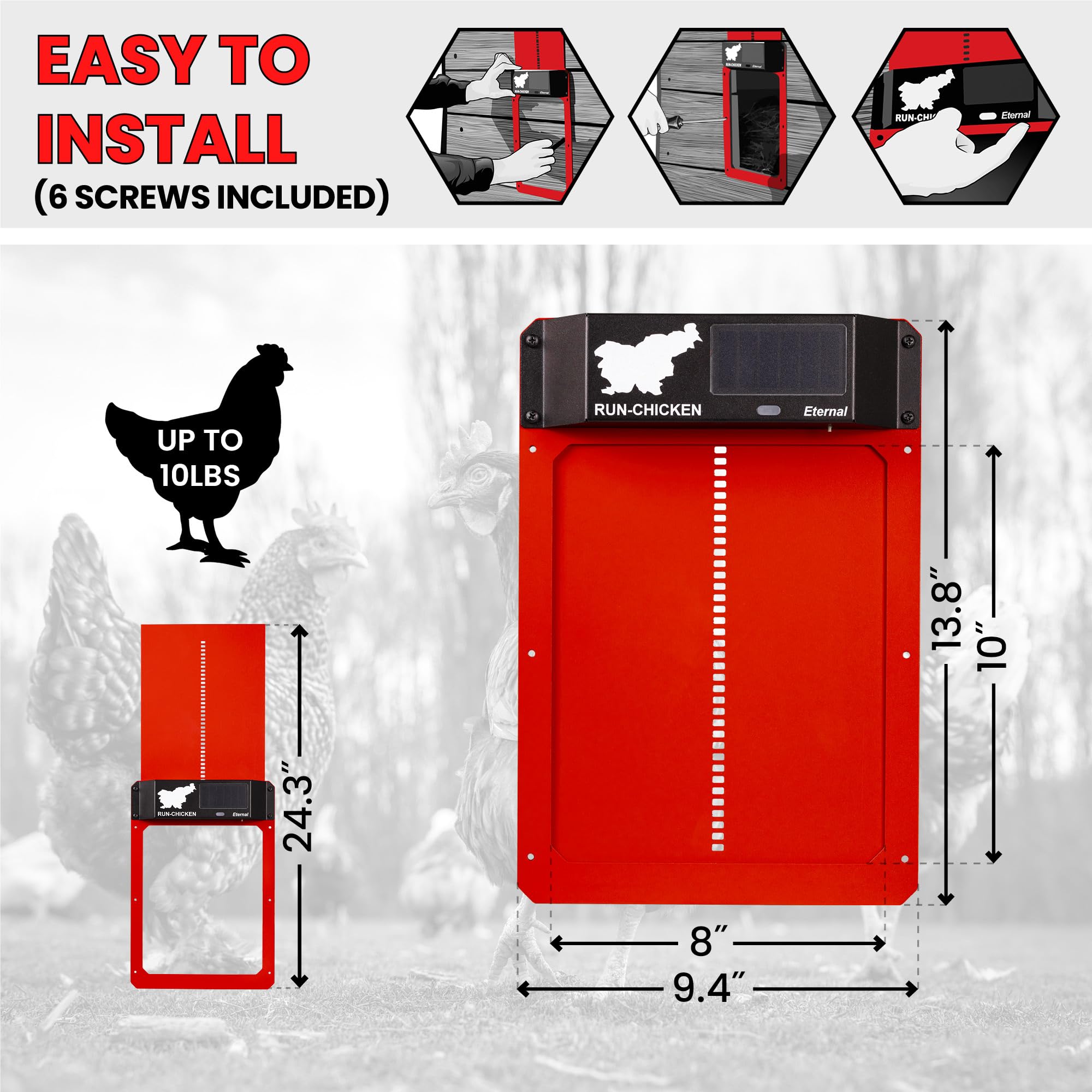 RUN-CHICKEN Door (Red) Solar Chicken Coop Door, Battery Powered Automatic Chicken Coop Door, Programmable Electric Chicken Door with Timer, Light Sensor, Solar Powered, Eternal