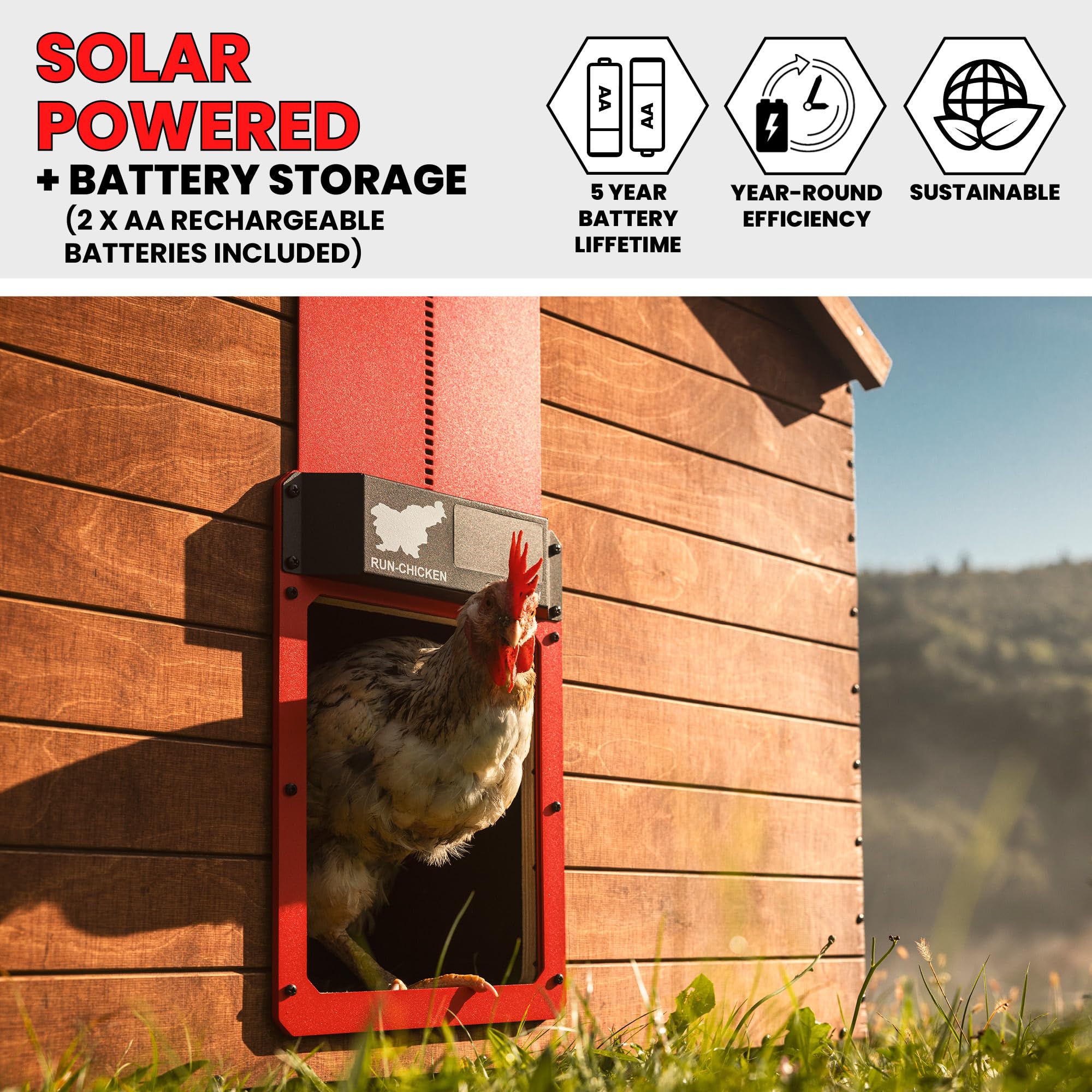 RUN-CHICKEN Door (Red) Solar Chicken Coop Door, Battery Powered Automatic Chicken Coop Door, Programmable Electric Chicken Door with Timer, Light Sensor, Solar Powered, Eternal