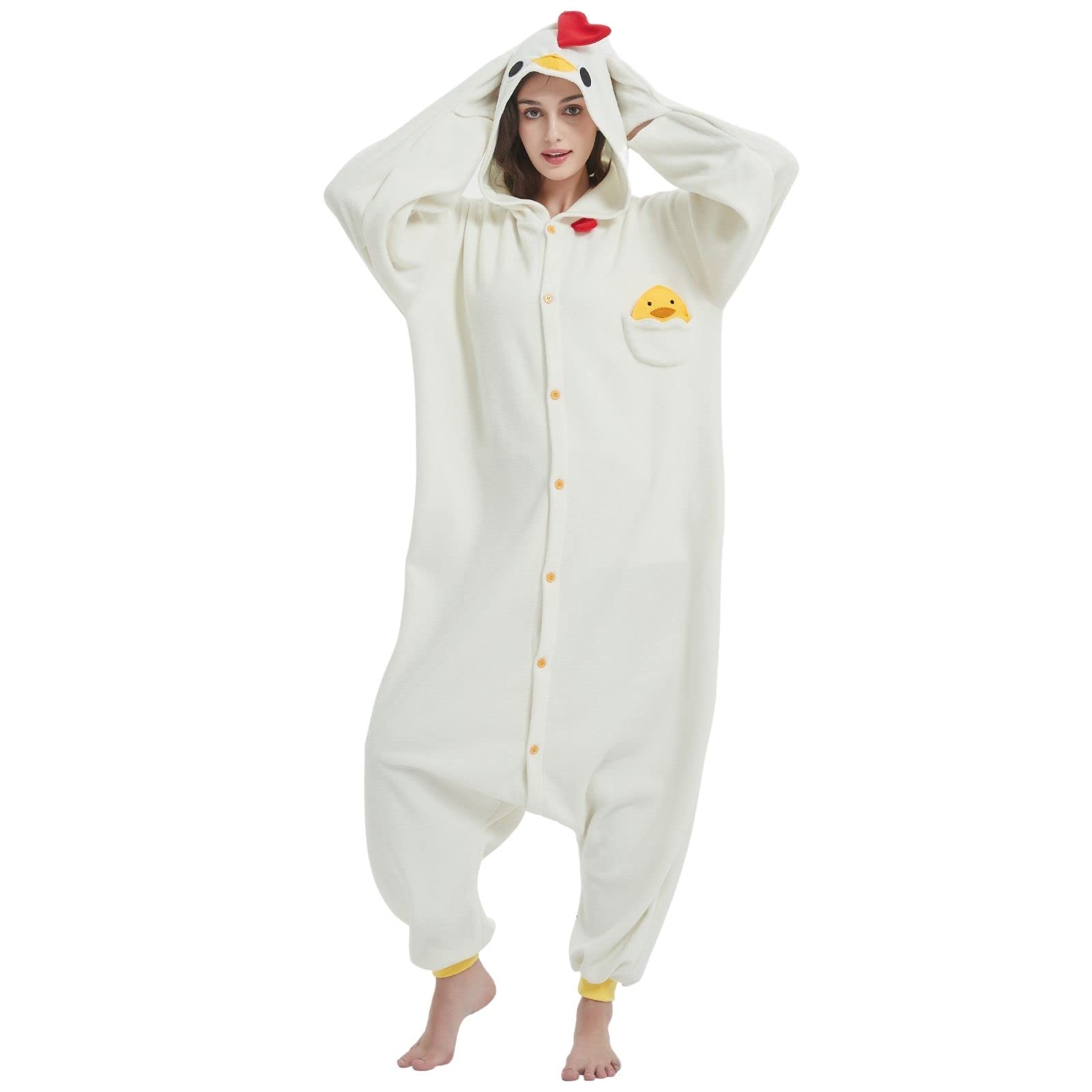 RESSBER Unisex Adult Onesie Pajamas Animal One Piece Halloween Costume Christmas Sleepwear Jumpsuit (White Chicken, Medium)