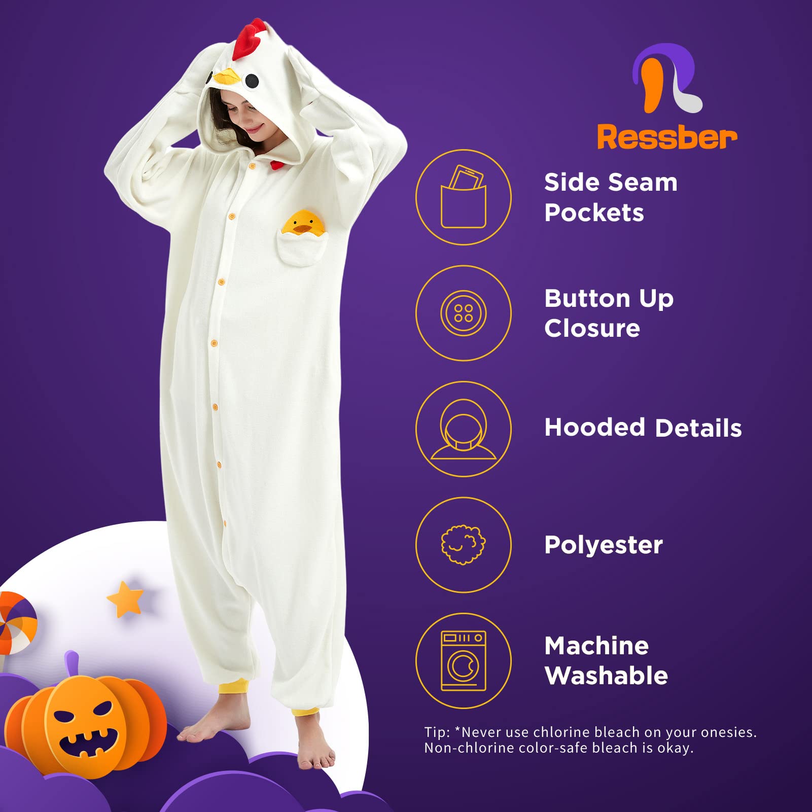 RESSBER Unisex Adult Onesie Pajamas Animal One Piece Halloween Costume Christmas Sleepwear Jumpsuit (White Chicken, Medium)