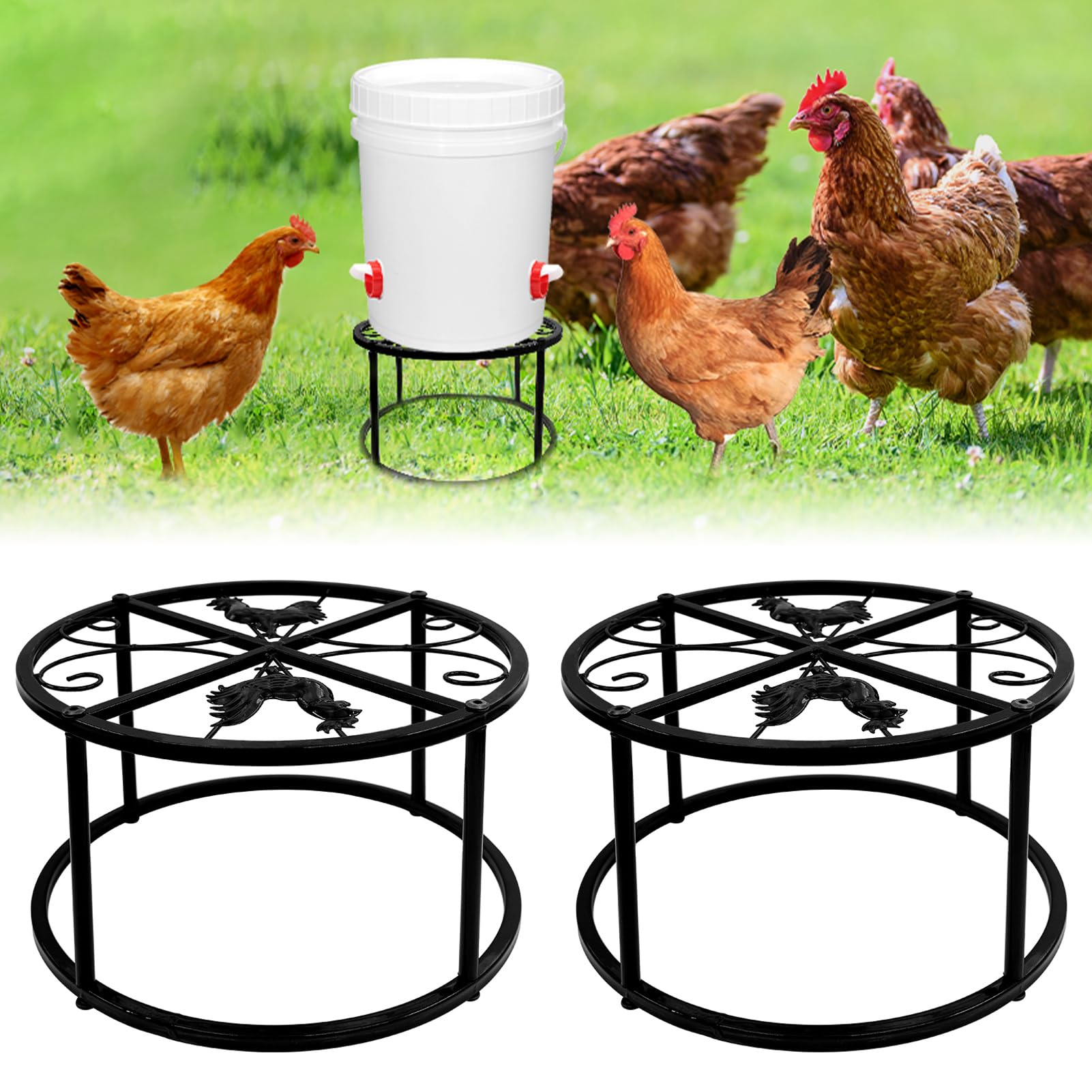 2-Pack Metal Stand for Chicken Feeder Waterer, Heavy Duty Round Iron Supports Rack for Buckets Barrels Equipped Installed with Feeder Waterer Port, for Coop Poultry Indoor Outdoor, Black