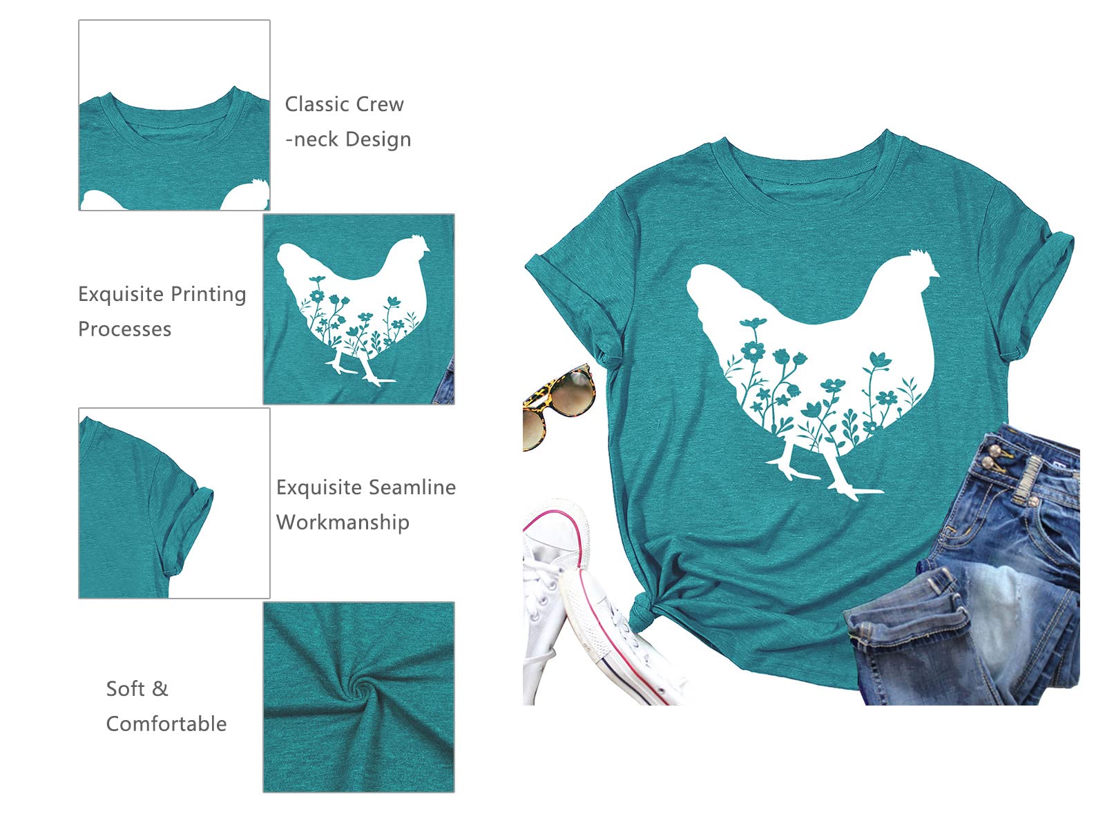 Chicken Shirts for Women Floral Chicken T Shirt Funny Chicken Graphic Tee Casual Farm Girl Clothes