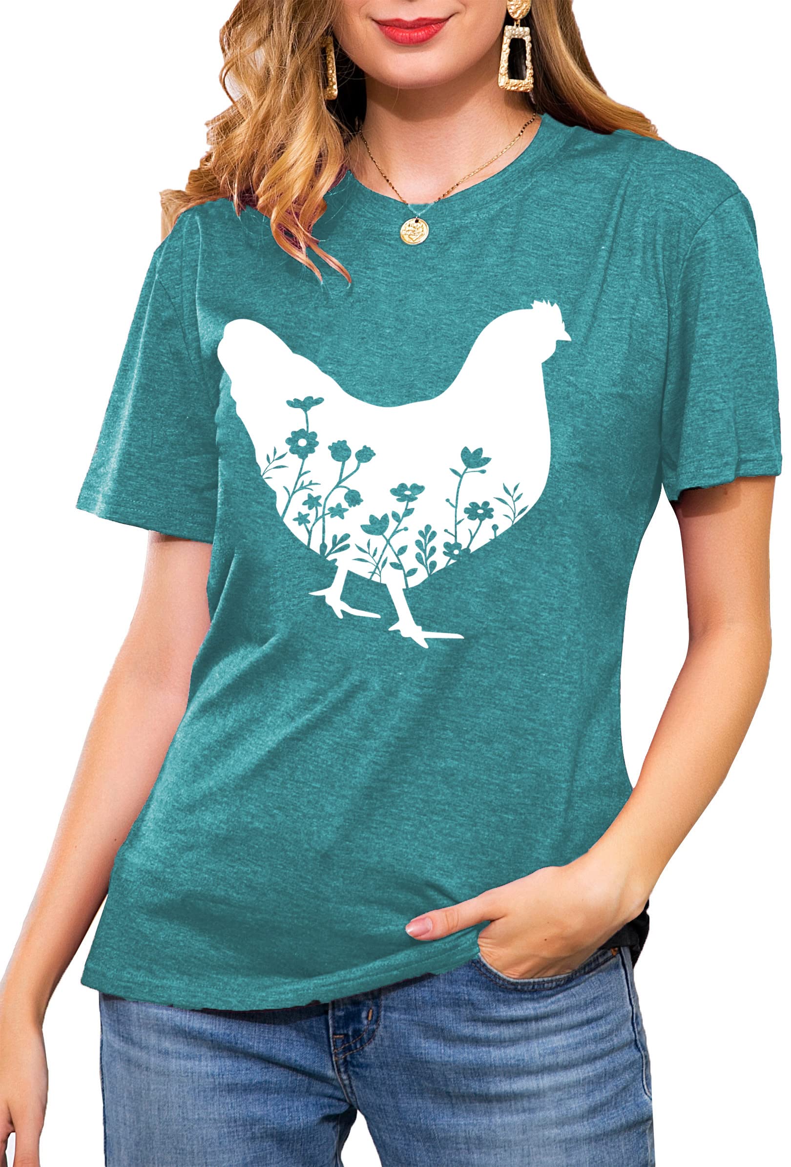 Chicken Shirts for Women Floral Chicken T Shirt Funny Chicken Graphic Tee Casual Farm Girl Clothes