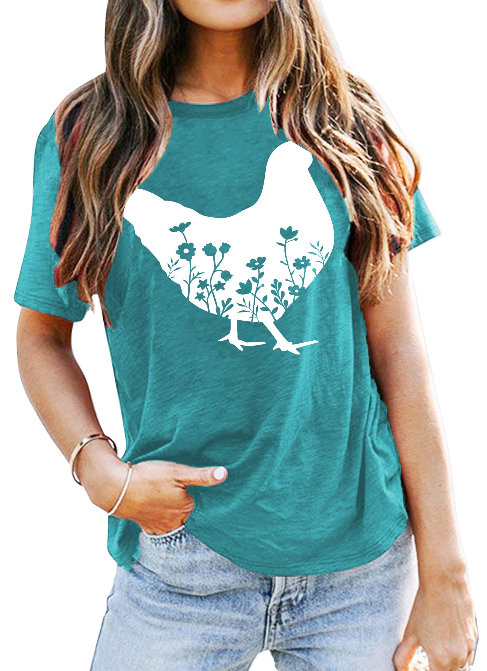 Chicken Shirts for Women Floral Chicken T Shirt Funny Chicken Graphic Tee Casual Farm Girl Clothes