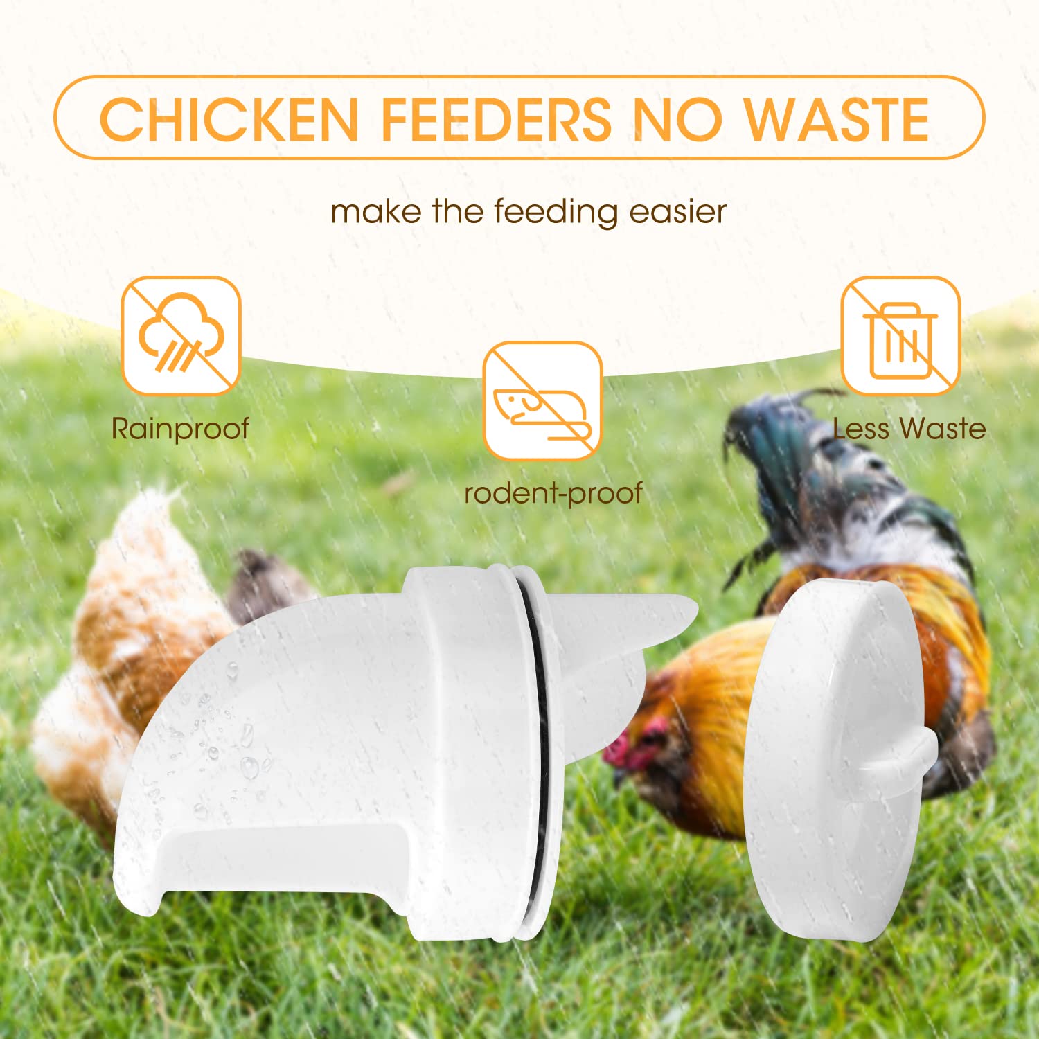 Chicken Feeder, Automatic Chicken Feeder and Waterer Set No Waste Rain Proof DIY Poultry Feeder with Rat Stopper Caps Chicken Water Feeder for Buckets, Barrels, Bins, Troughs 4Packs