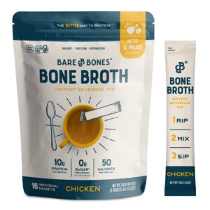 bare bones bone broth instant powdered beverage mix, chicken, pack of 16, 15g sticks, 10g protein, keto & paleo friendly