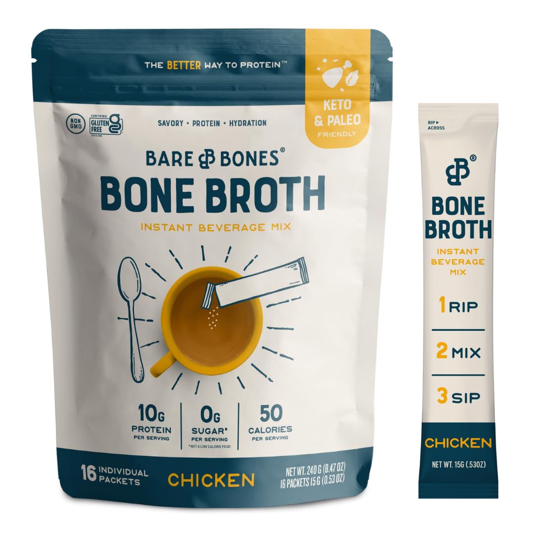 Bare Bones Bone Broth Instant Powdered Beverage Mix, Chicken, Pack of 16, 15g Sticks, 10g Protein, Keto & Paleo Friendly