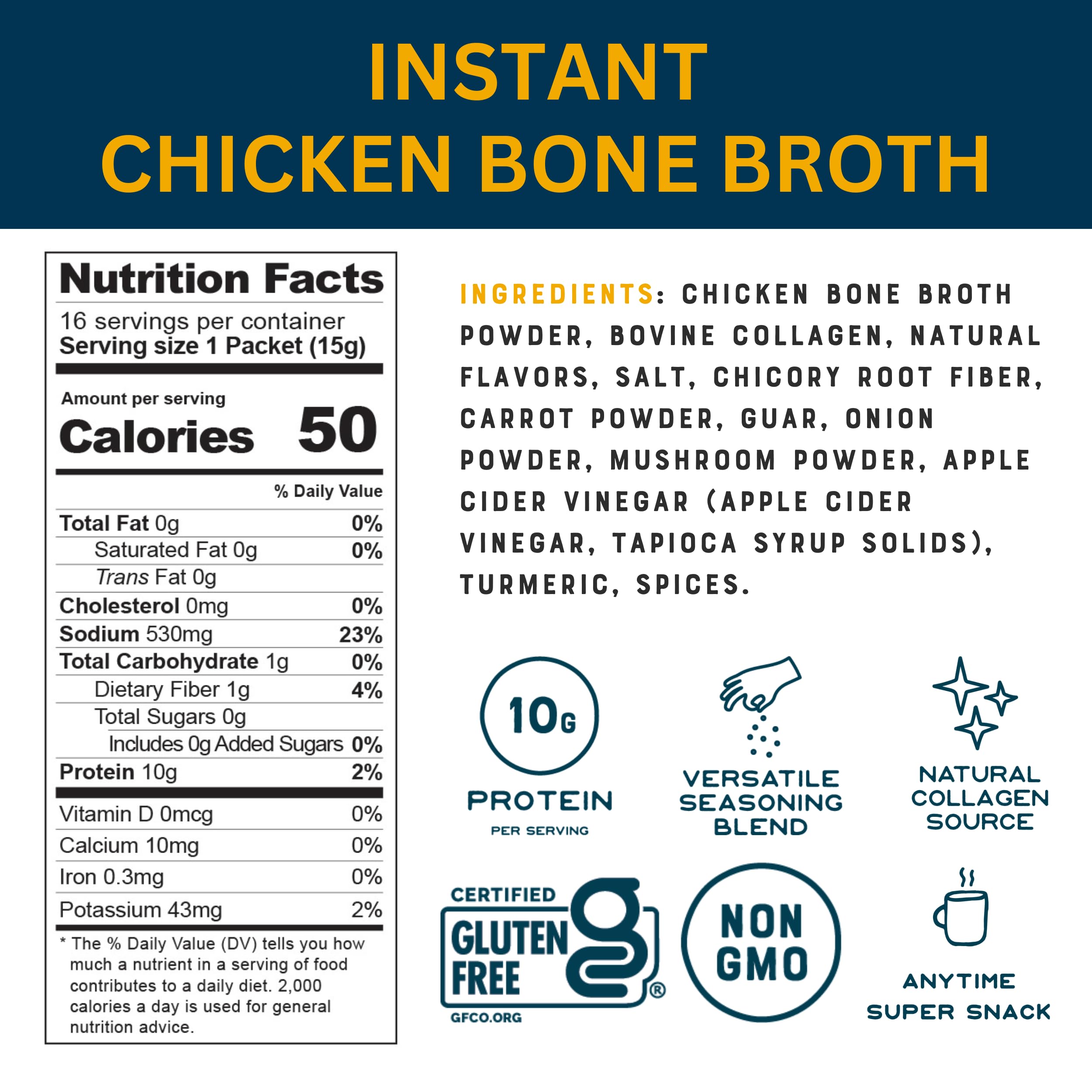 Bare Bones Bone Broth Instant Powdered Beverage Mix, Chicken, Pack of 16, 15g Sticks, 10g Protein, Keto & Paleo Friendly