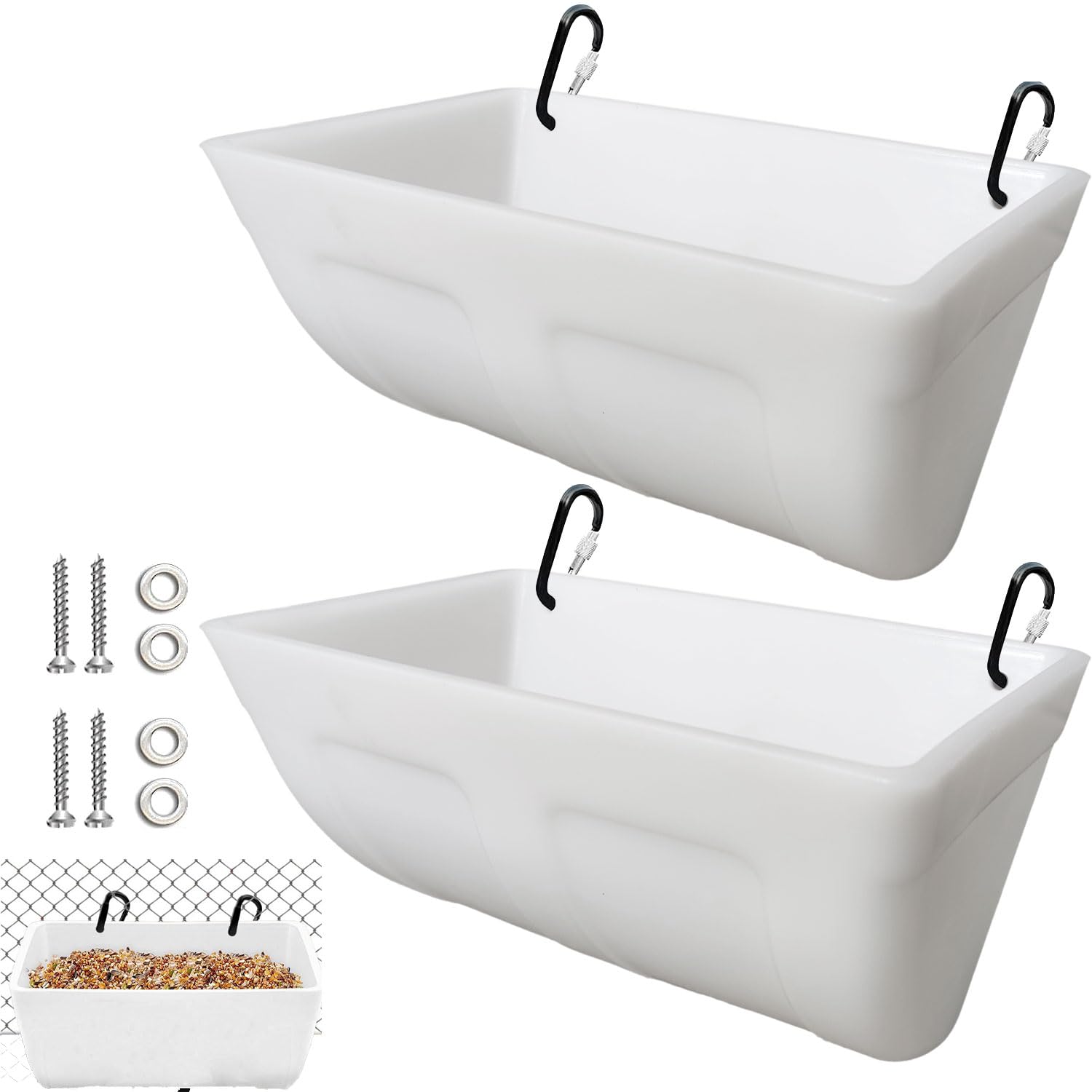 2 Pack Feeder Feed Trough and Waterer Bucket with Clips Chicken Hanging Poultry Feed Trough for Goat Sheep Deer Poultry Duck Chicken