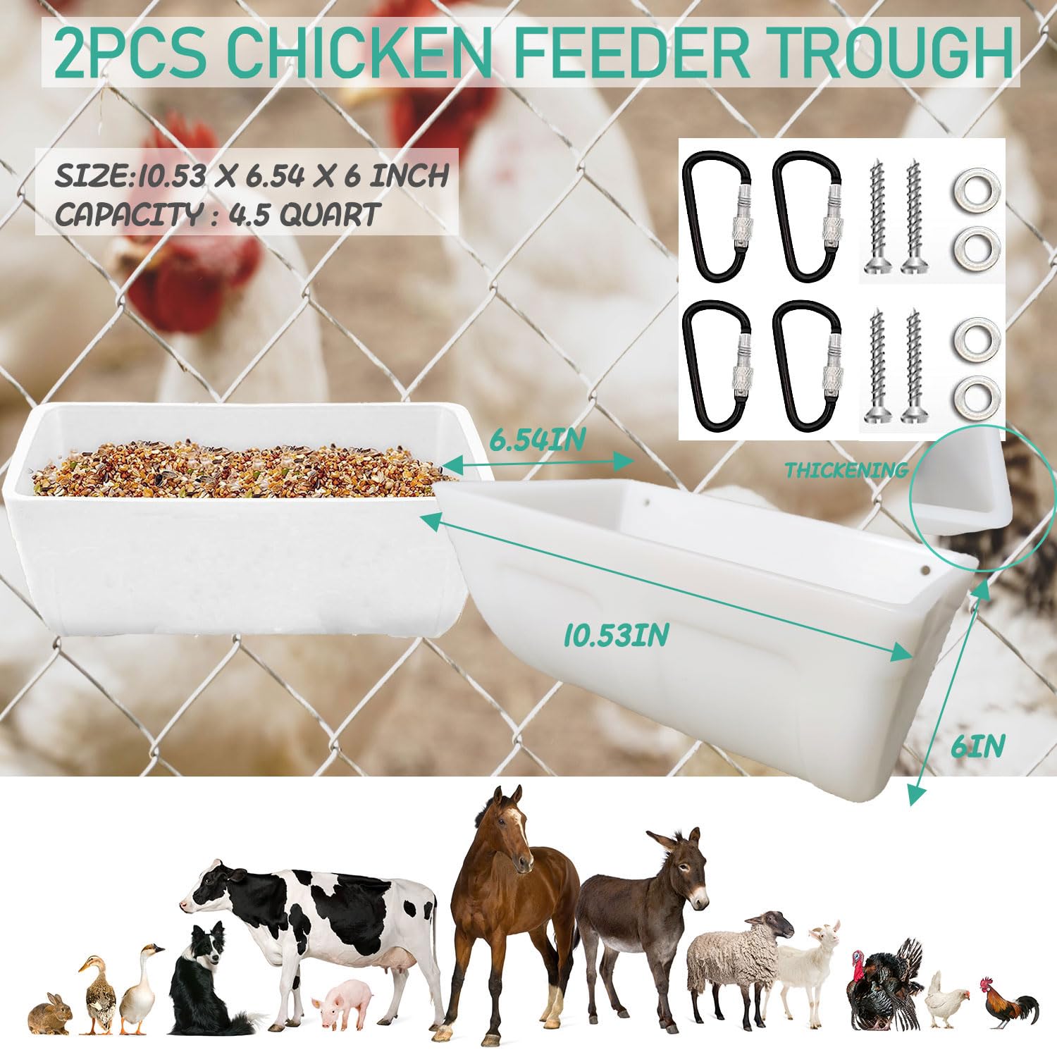 2 Pack Feeder Feed Trough and Waterer Bucket with Clips Chicken Hanging Poultry Feed Trough for Goat Sheep Deer Poultry Duck Chicken