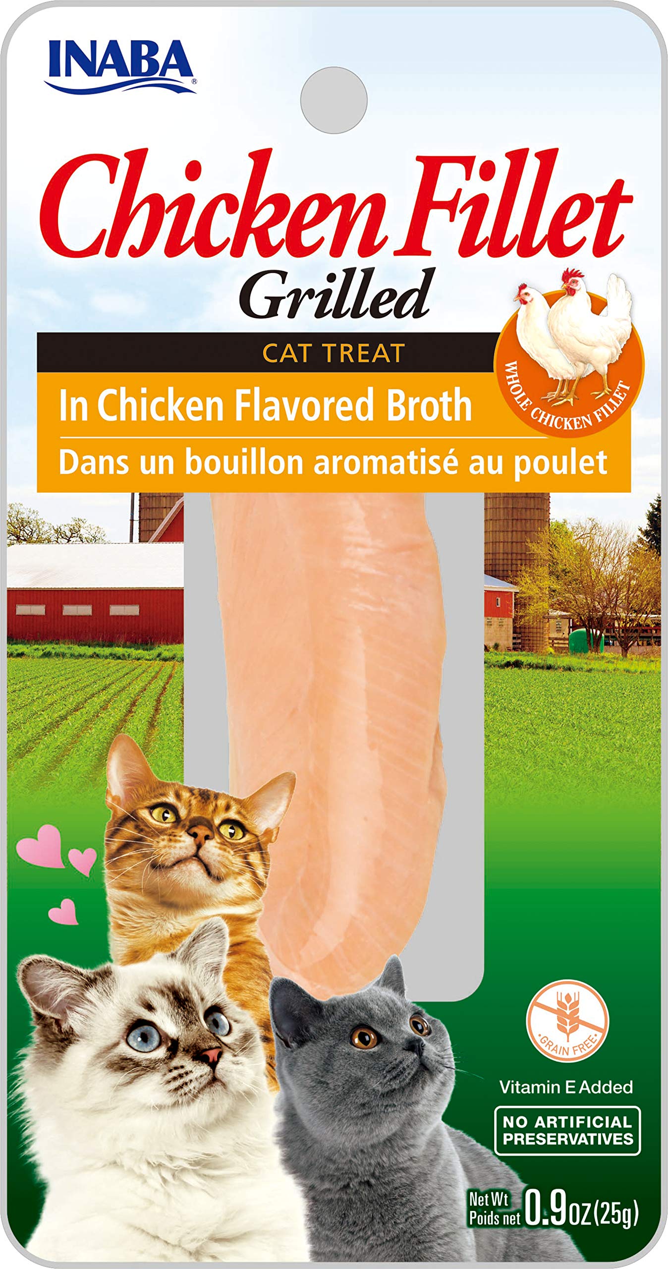 INABA Natural, Premium Hand-Cut Grilled Chicken Fillet Cat Treats/Topper/Complement with Vitamin E and Green Tea Extract, 0.9 Ounces Each, Pack of 6, Chicken Broth