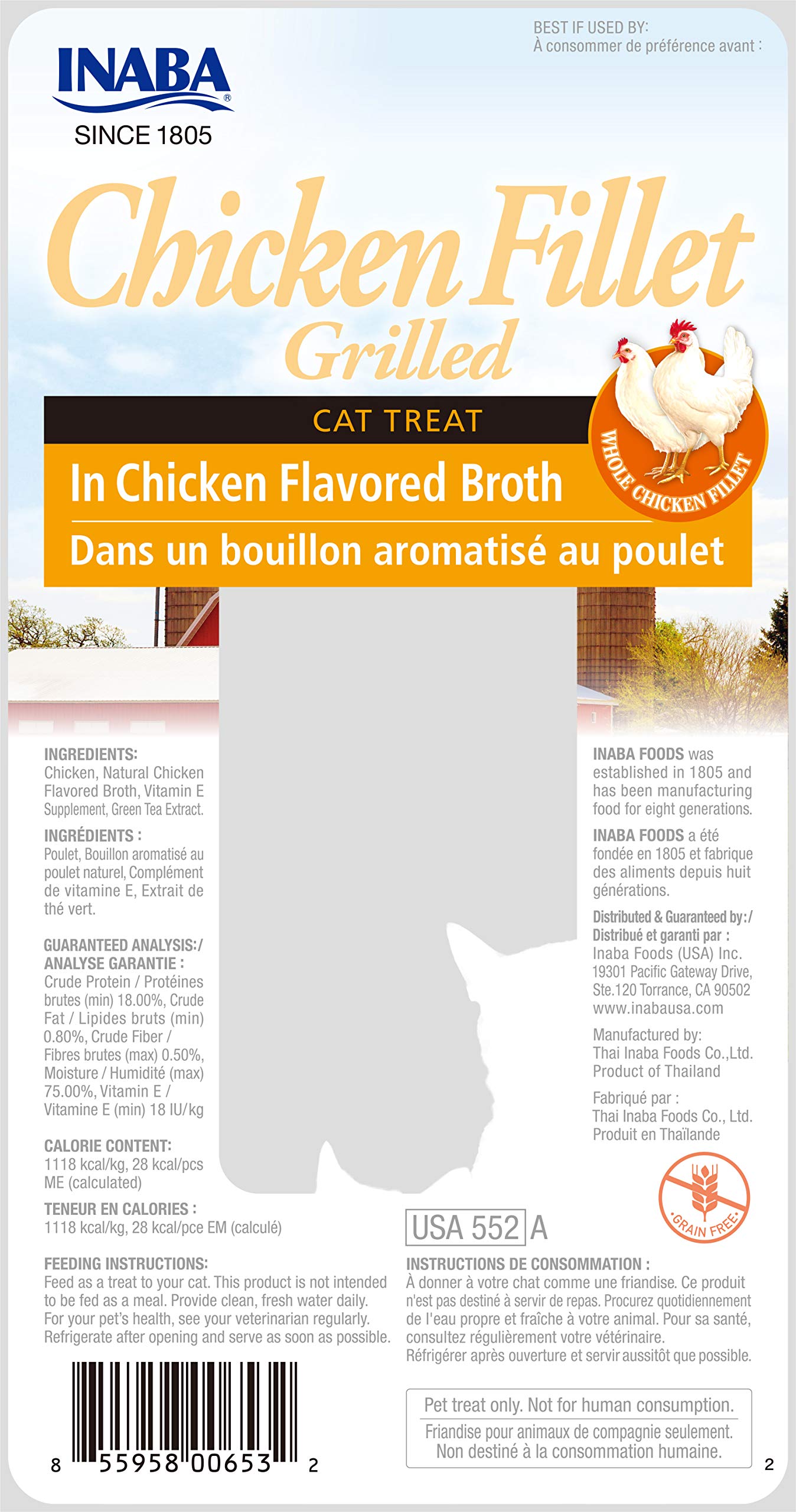 INABA Natural, Premium Hand-Cut Grilled Chicken Fillet Cat Treats/Topper/Complement with Vitamin E and Green Tea Extract, 0.9 Ounces Each, Pack of 6, Chicken Broth