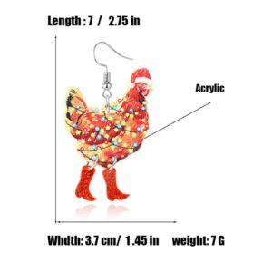 Acrylic Big Rooster Chicken Earrings Funny Cute Kawaii Dinosaur Chicken Dangle Earrings Farm Boots Chicken Hen Dangle Earrings for Women Aesthetic Charming Jewelry Gift (Christmas Chicken)