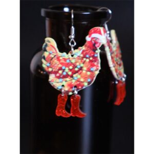 Acrylic Big Rooster Chicken Earrings Funny Cute Kawaii Dinosaur Chicken Dangle Earrings Farm Boots Chicken Hen Dangle Earrings for Women Aesthetic Charming Jewelry Gift (Christmas Chicken)