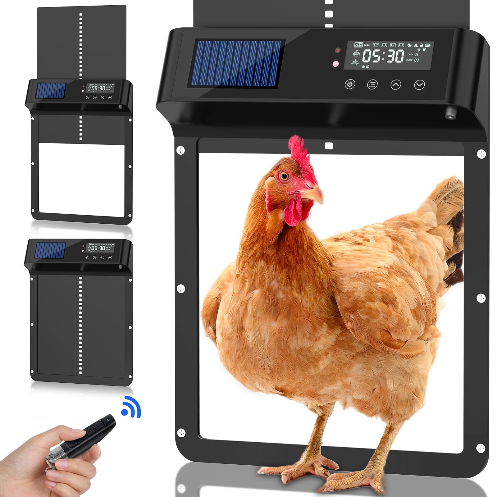 Profey Solar Powered Automatic Chicken Coop Door, LCD Display, 4 Modes, Waterproof, Aluminum Alloy, Remote Control, AA Battery Operated, 9.2x10.7x9.2 inches