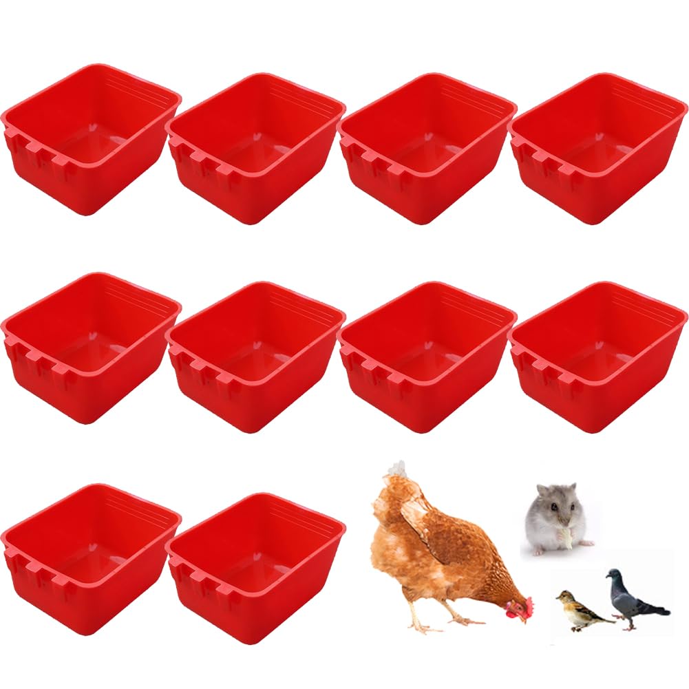 10 Pack Square Cage Cups Birds Feeders,Hanging Bird Chicken Feeder Waterer Cups,Plastic Drinker Quail Cage Waterer,Feeding Bowl for Rabbit Pigeon Parrot Parakeet Gamefowl,Red