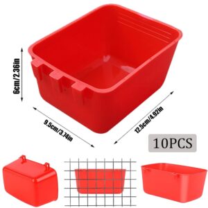 10 Pack Square Cage Cups Birds Feeders,Hanging Bird Chicken Feeder Waterer Cups,Plastic Drinker Quail Cage Waterer,Feeding Bowl for Rabbit Pigeon Parrot Parakeet Gamefowl,Red