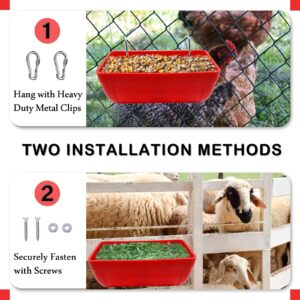 2 Pack Chicken Feeder Feed Trough with Clips Hanging Fence Feeder for Goat Chicken Duck Goose Deer Sheep Piglets Poultry Waterer Bucket Feeding Container for Livestock Goat Feeder Supplies (Red)