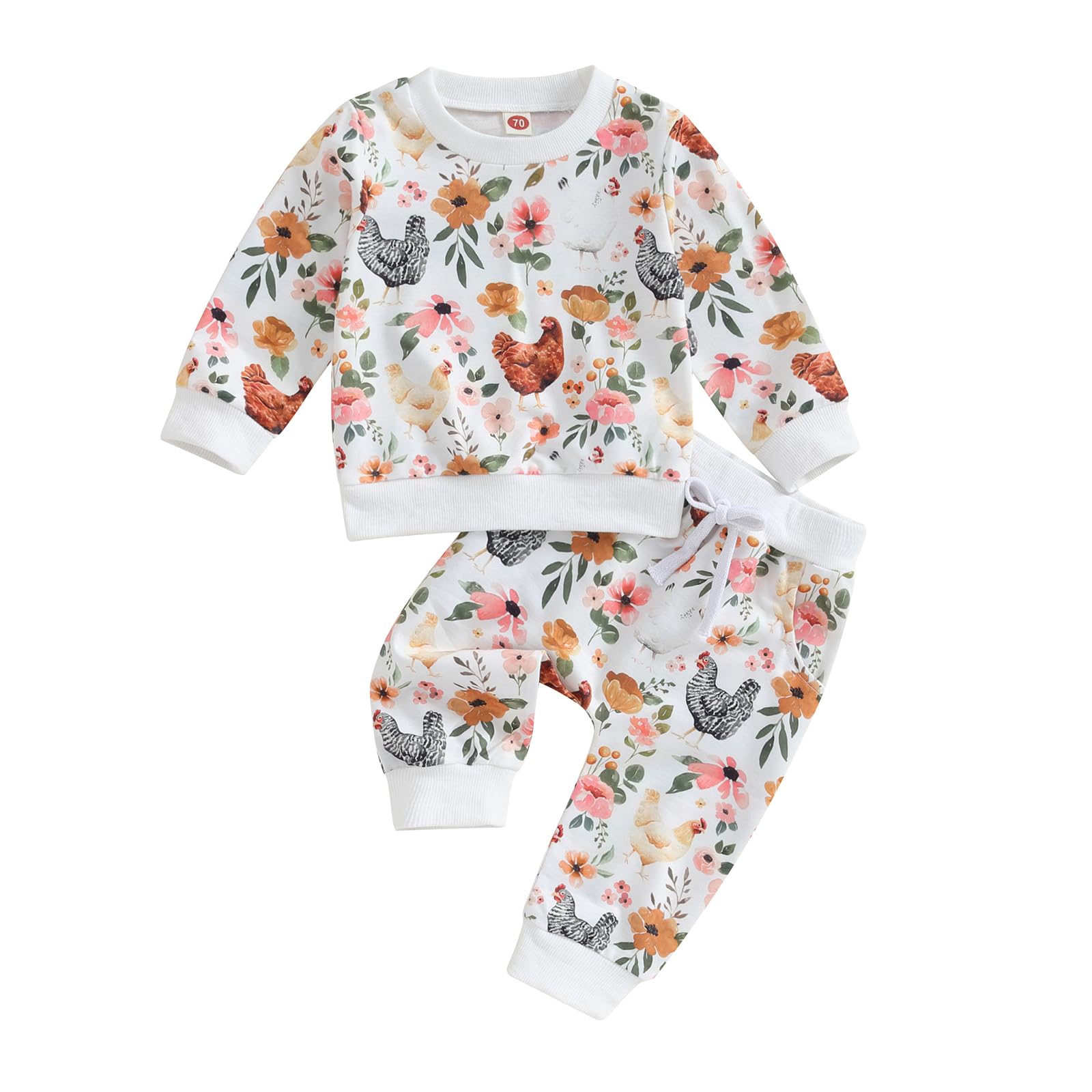 SHUING Toddler Infant Girl Boy Farm Outfit Chick& Flower Print Long Sleeve Sweatshirts Elastic Waist Pants Fall Clothes (White, 18-24 Months)