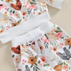 SHUING Toddler Infant Girl Boy Farm Outfit Chick& Flower Print Long Sleeve Sweatshirts Elastic Waist Pants Fall Clothes (White, 18-24 Months)