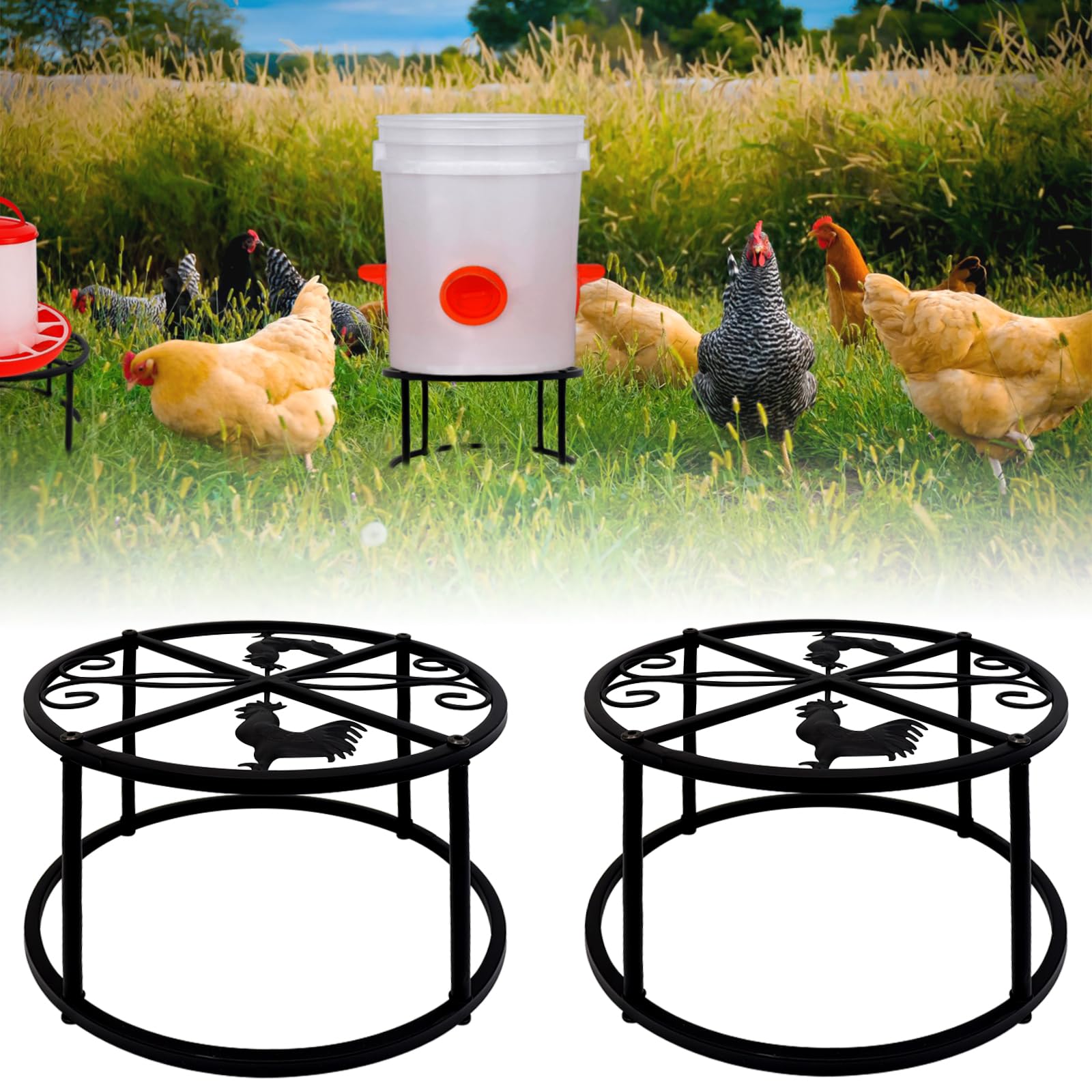 2Pcs Metal Stand for Chicken Feeder Waterer Heavy Duty Chicken Water Feeder Stand Holder with 4 Legs Rustproof Iron Chicken Waterer Buckets Stand Round Support Rack for Coop Poultry Indoor Outdoor