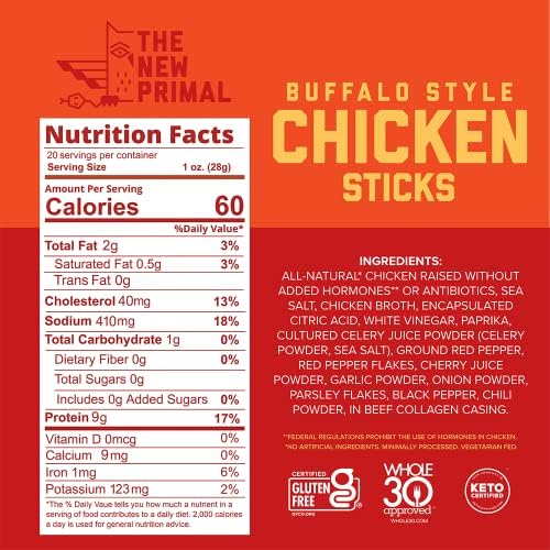 The New Primal Buffalo Chicken Sticks, Keto, Gluten Free Healthy Snacks, Sugar Free Low Carb High Protein, Jerky Meat Stick, 9g Protein, 20 Ct