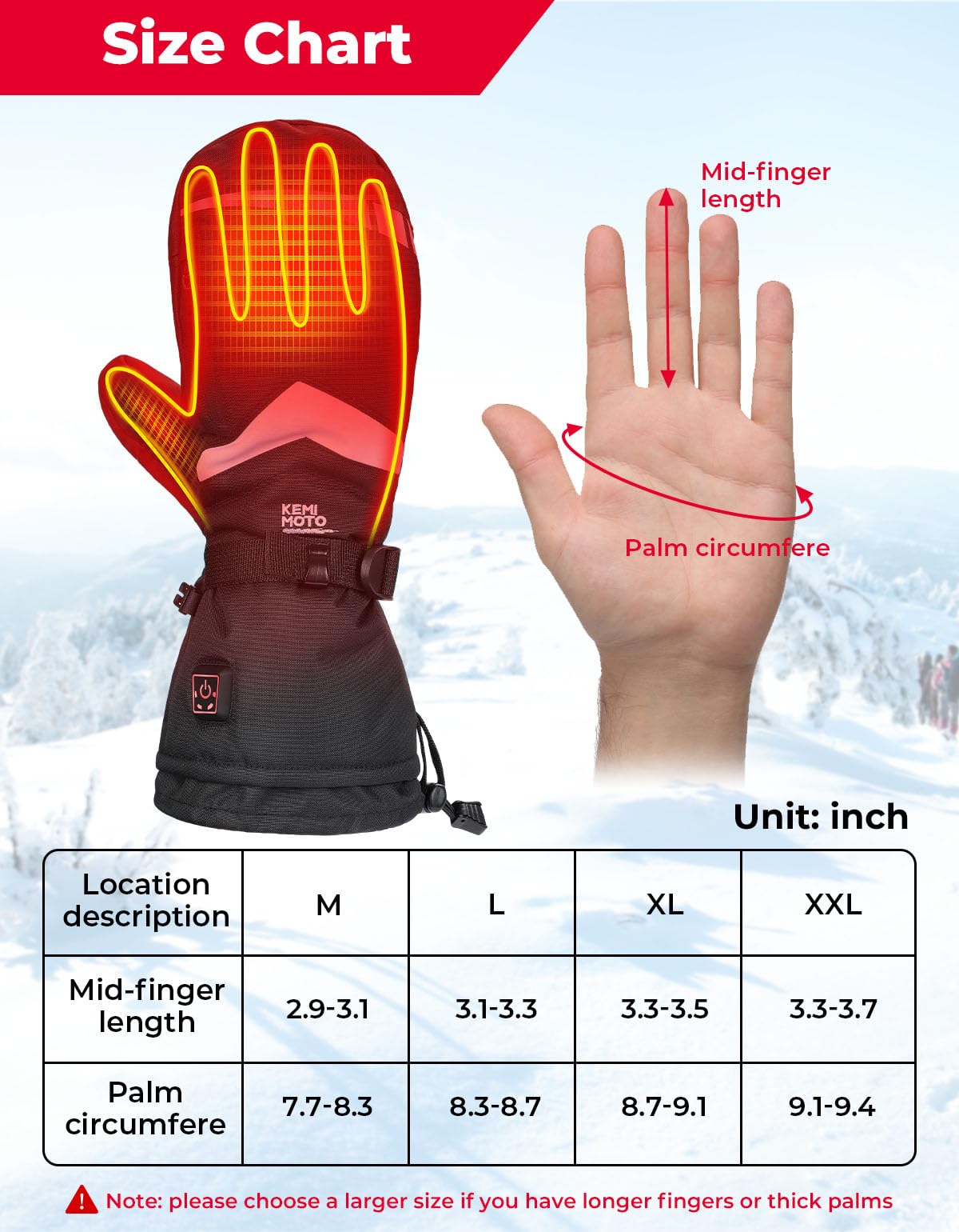 KEMIMOTO Heated Mittens for Men Women Rechargeable, Ski Mittens Gloves Electric 2PCs Battery with Touchscreen Waterproof Hand Warmer for Winter Skiing Snowboarding Hiking Climbing Camping, Size L