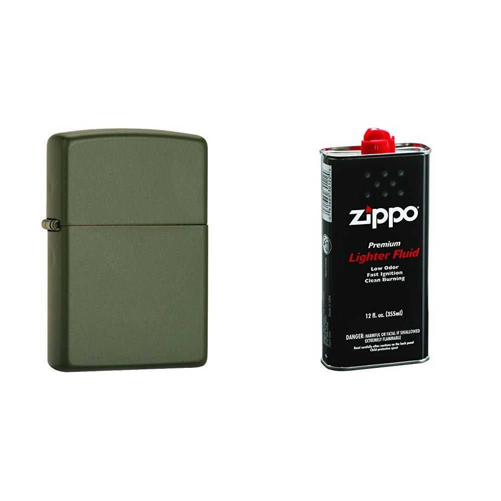 Zippo Pocket Lighter, Green Matte with 12 oz Lighter Fluid