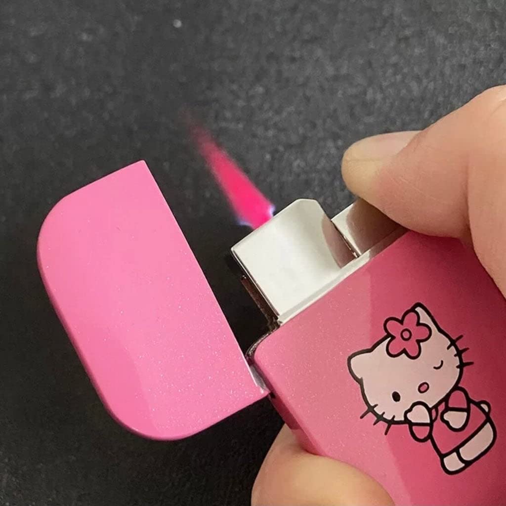 NIVEK Pink Glitter Kitty Pink Flame Pocket Lighter KT Cat Refillable Kawaii Y2K Aesthetic Windproof Flame