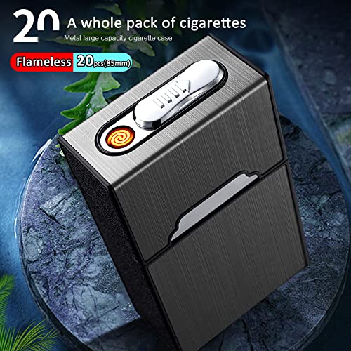 Cigarette Case Full Pack 20 Regular Cigarettes Box with USB Lighter Rechargeable Flameless Windproof Moisture-Proof Portable (Black)