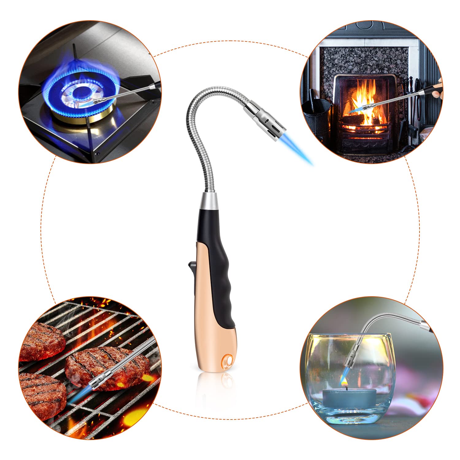 AKOPCF Butane Lighter Long Lighter Refillable Grill Lighter for Candle BBQ, Rose Gold(No Fuel)