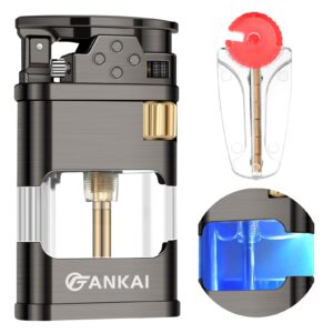 torch lighter with led light,fankai butane lighter single jet flame-butane torch lighter with 6pcs replaceable flints,refillable cool lighters with abs fuel tank,retro grinding wheel windproof lighter