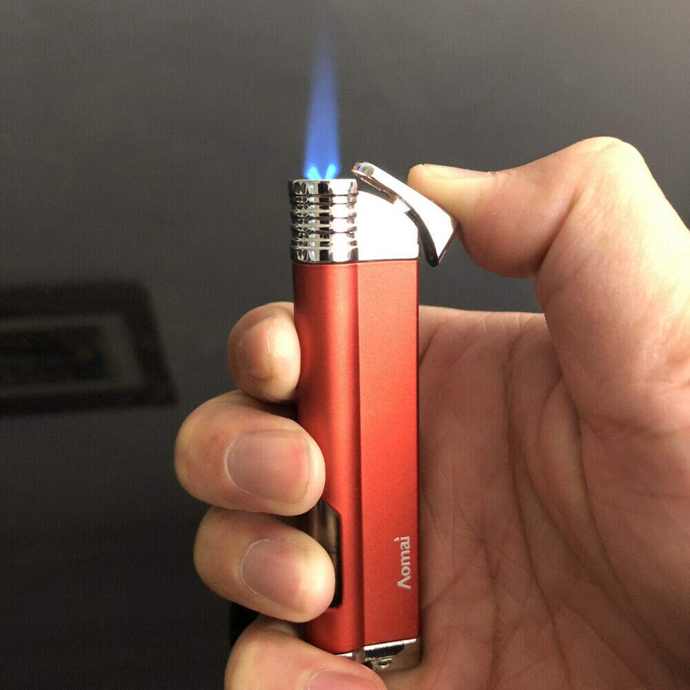 Piioket Mini Metal Windproof Refillable Butane Gas Fuel Viewable Jet Flame Cigar Cigarette Lighter with Electric Wire Ignition Protection - Aomai Red