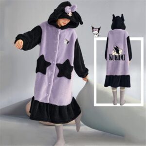 Akedimo Kawaii Anime Kuromi Winter Plush Thick Flannel Pajamas Soft Warm Comfortable Robe (Large)