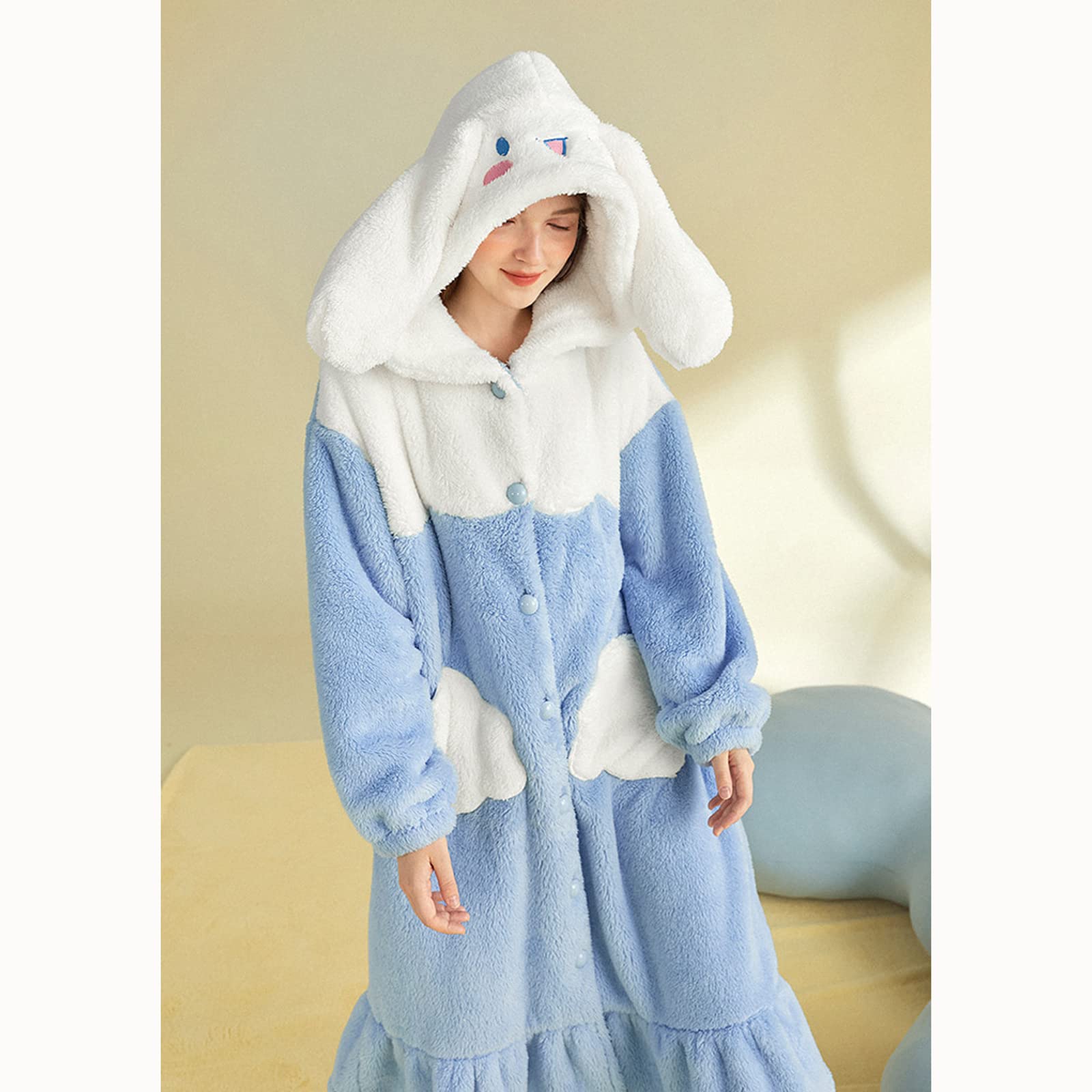 MEOKIM Women's robe button bathrobe Women's hoodie coat plush warm pajamas Long sleepwear with cute pattern pocket pajamas (Cloud Dog,XL)