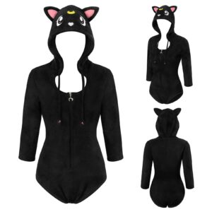 Littleforbig Cotton Hoodie Romper Zipper Onesie Pajamas Bodysuit - Black Cat Luna Onesie S