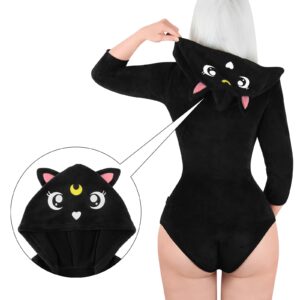 Littleforbig Cotton Hoodie Romper Zipper Onesie Pajamas Bodysuit - Black Cat Luna Onesie S