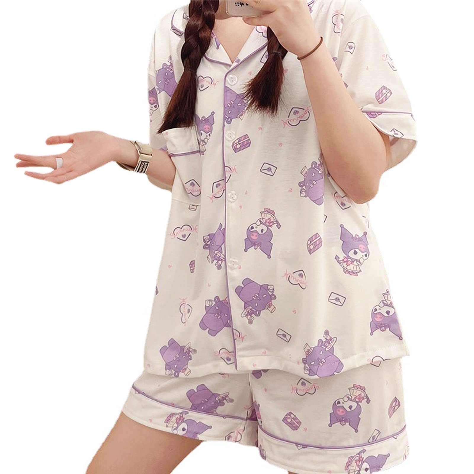 Oxsioeih Kawaii Pajamas For Women Two-Piece Set Cute Cartoon Girls Pajamas Casual Short Sleeve Sleepwear Home Clothes for Summer