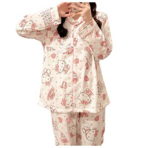 Cute Fashion Long Sleeve Cardigan Pajamas Set Kawaii Leisure Loose Two-Piece Sleepwear Set For Women Girls-S Pink