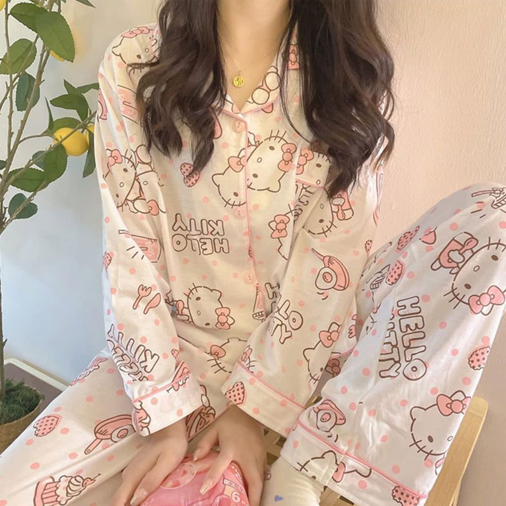 Cute Fashion Long Sleeve Cardigan Pajamas Set Kawaii Leisure Loose Two-Piece Sleepwear Set For Women Girls-S Pink