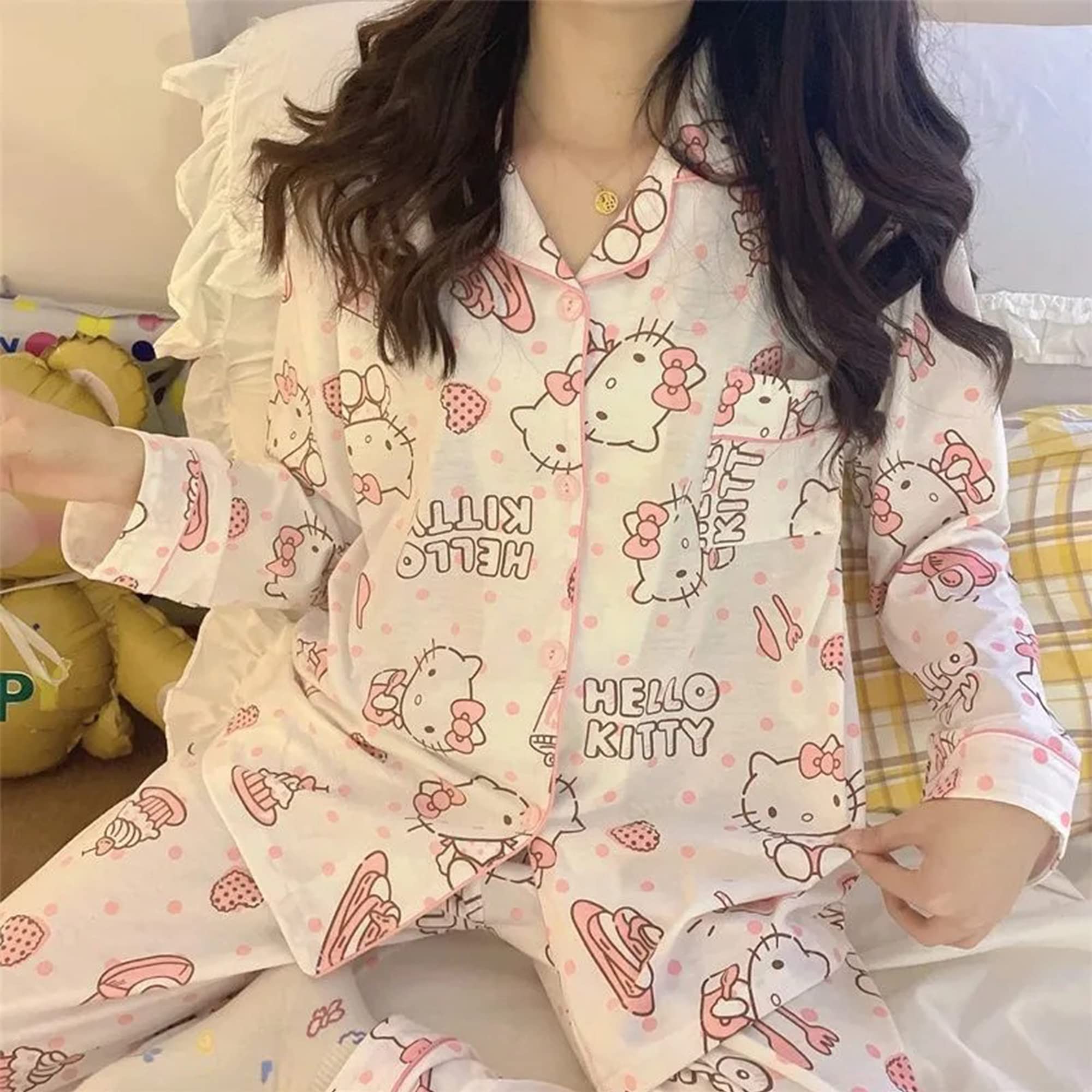 Cute Fashion Long Sleeve Cardigan Pajamas Set Kawaii Leisure Loose Two-Piece Sleepwear Set For Women Girls-S Pink