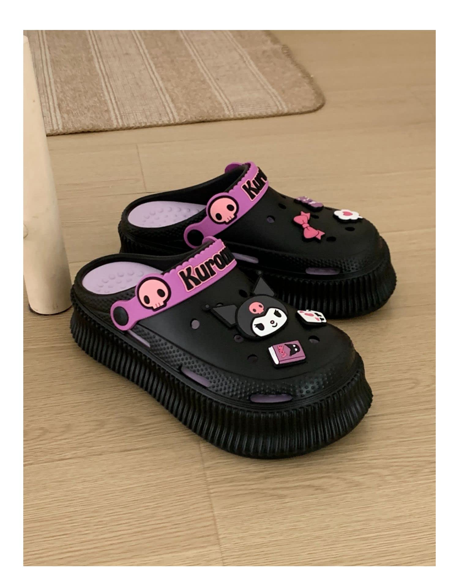 CEINOM Cute Cartoon Slippers Kuromi Kawaii Slippers for Women Cloud Slides indoor Outdoor Soft Comfy Anti-Slip garden Shoes (Black,6,6.5)