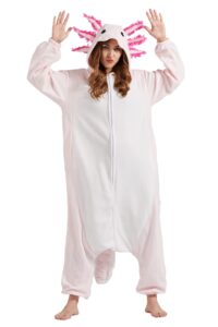 deley unisex axolotl onesie, adult animal cosplay costume plush homewear sleepwear jumpsuit pink axolotl pajamas