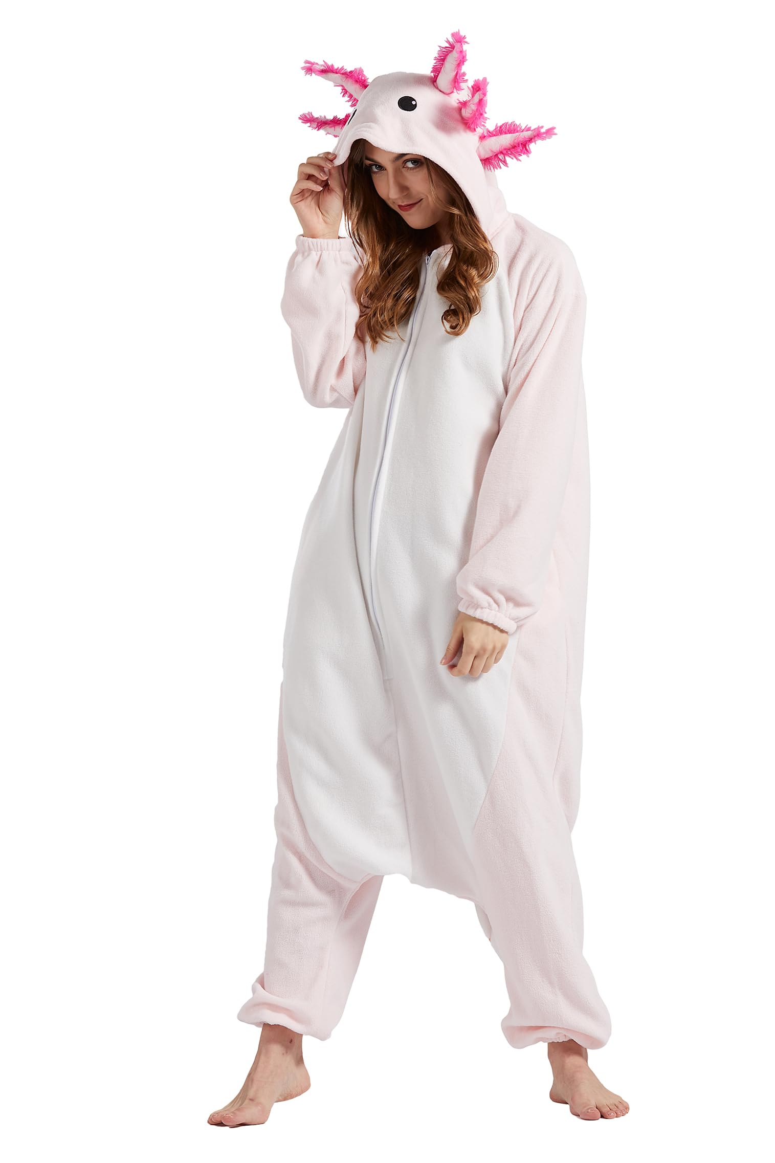 DELEY Unisex Axolotl Onesie, Adult Animal Cosplay Costume Plush Homewear Sleepwear Jumpsuit Pink Axolotl Pajamas