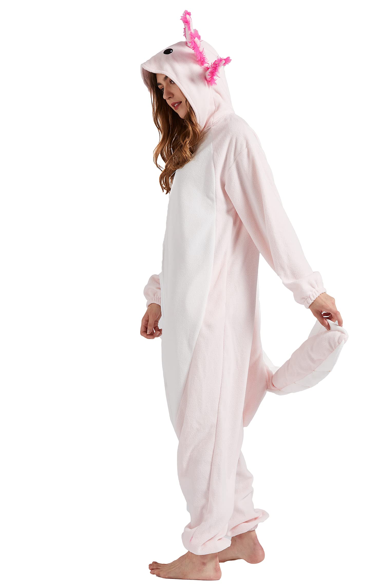 DELEY Unisex Axolotl Onesie, Adult Animal Cosplay Costume Plush Homewear Sleepwear Jumpsuit Pink Axolotl Pajamas