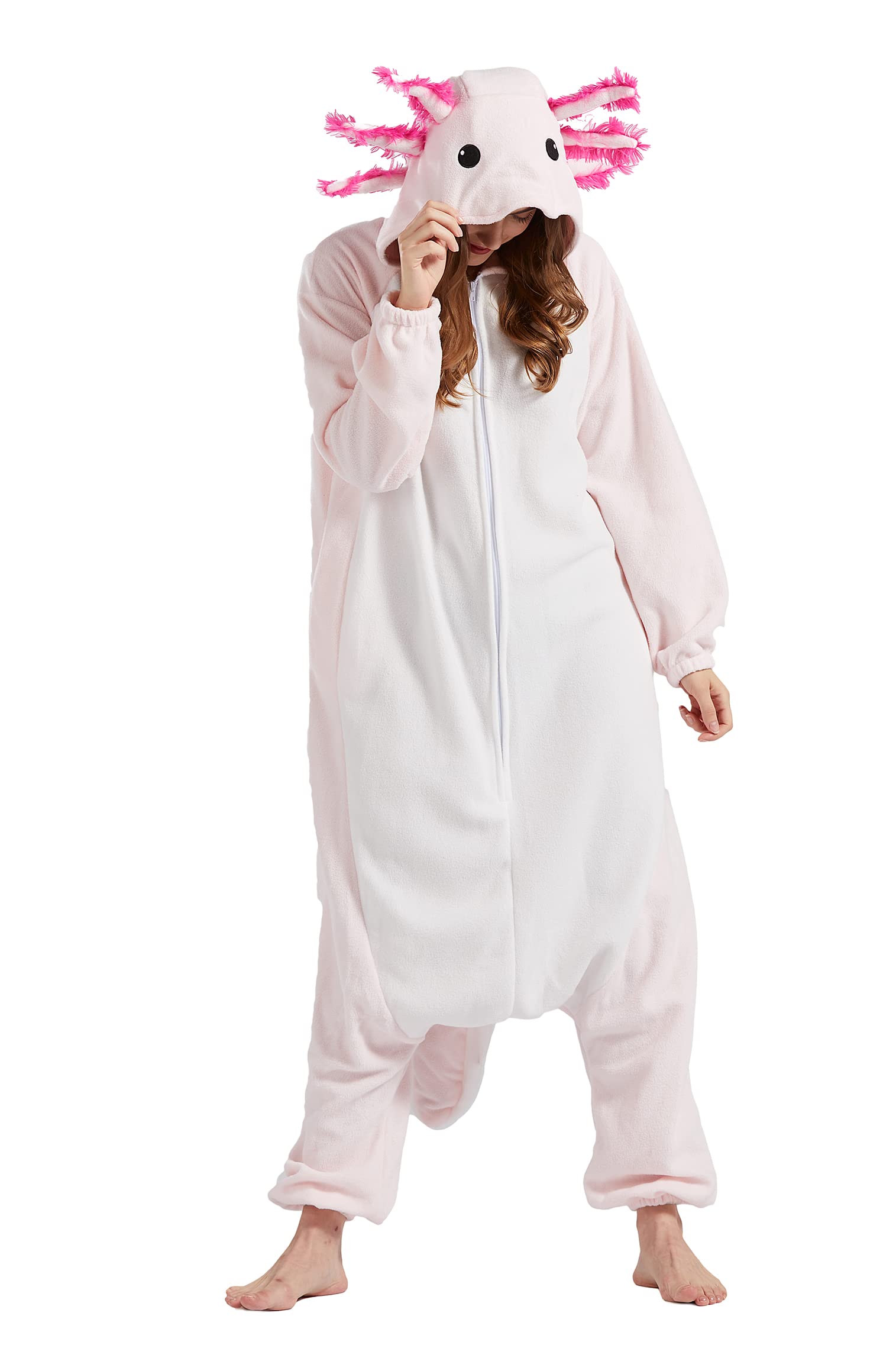 DELEY Unisex Axolotl Onesie, Adult Animal Cosplay Costume Plush Homewear Sleepwear Jumpsuit Pink Axolotl Pajamas