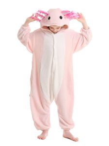 atoz onesie for kids, animal pajamas halloween cosplay costume for girls boys, pink axolotl 8-9y