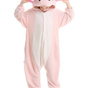 ATOZ Onesie for Kids, Animal Pajamas Halloween Cosplay Costume for Girls Boys, Pink Axolotl 8-9Y