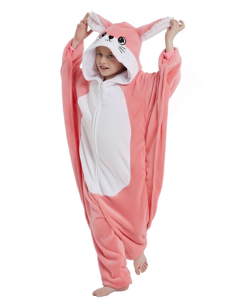 ABASACO Flying Squirrel Onesie Kids Plush Animal Costume One Piece Pajamas Girls Teen Halloween Cosplay Sleepwear Pink 10-11 Years